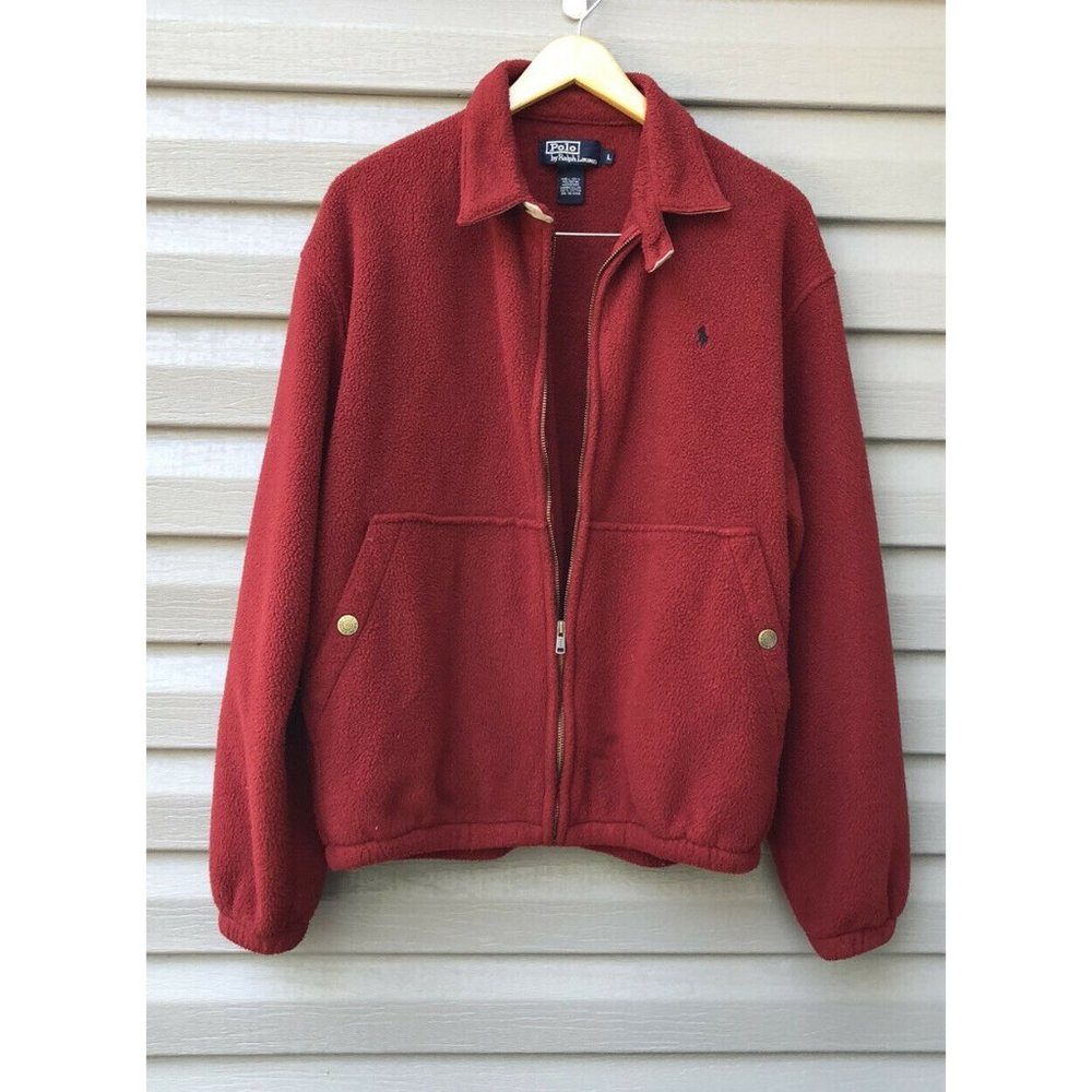 VTG Polo Ralph Lauren Fleece Jacket Harrington Polartec Men Red Maroon Khaki
